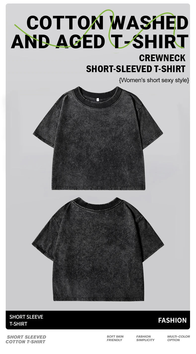 Cotton Loose O-Neck Crop Top - Vintage Y2K Summer T-Shirt for Women - ZOOMNSTORE
