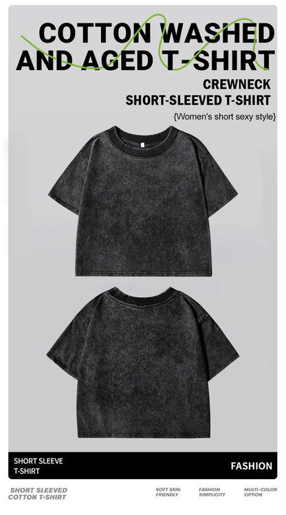 Cotton Loose O-Neck Crop Top - Vintage Y2K Summer T-Shirt for Women - ZOOMNSTORE