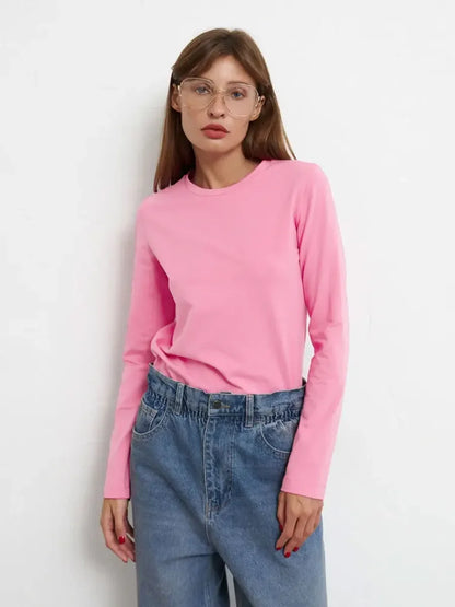 Cotton Loose T Shirt - Women's Casual Tops | Oversized Long Sleeve Basic Solid Shirt - ZOOMNSTORE