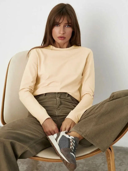 Cotton Loose T Shirt - Women's Casual Tops | Oversized Long Sleeve Basic Solid Shirt - ZOOMNSTORE