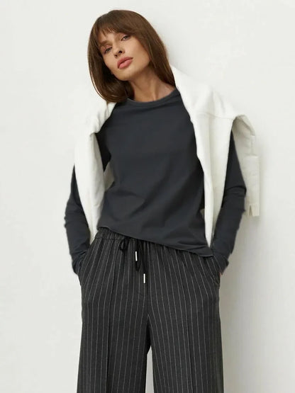 Cotton Loose T Shirt - Women's Casual Tops | Oversized Long Sleeve Basic Solid Shirt - ZOOMNSTORE