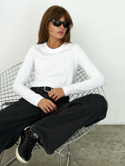 Cotton Loose T Shirt - Women's Casual Tops | Oversized Long Sleeve Basic Solid Shirt - ZOOMNSTORE