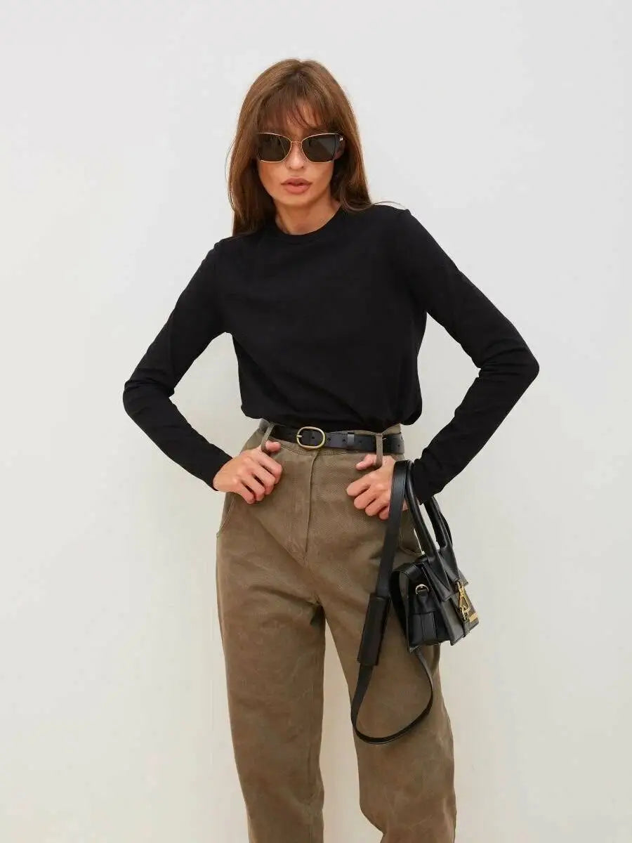 Cotton Loose T Shirt - Women's Casual Tops | Oversized Long Sleeve Basic Solid Shirt - ZOOMNSTORE