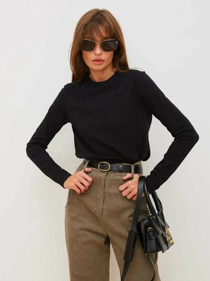 Cotton Loose T Shirt - Women's Casual Tops | Oversized Long Sleeve Basic Solid Shirt - ZOOMNSTORE