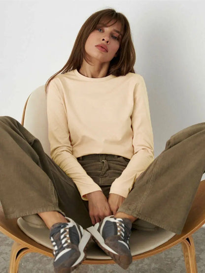 Cotton Loose T Shirt - Women's Casual Tops | Oversized Long Sleeve Basic Solid Shirt - ZOOMNSTORE