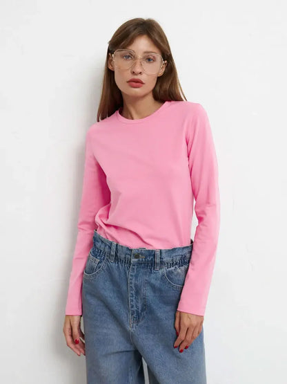 Cotton Loose T Shirt - Women's Casual Tops | Oversized Long Sleeve Basic Solid Shirt - ZOOMNSTORE