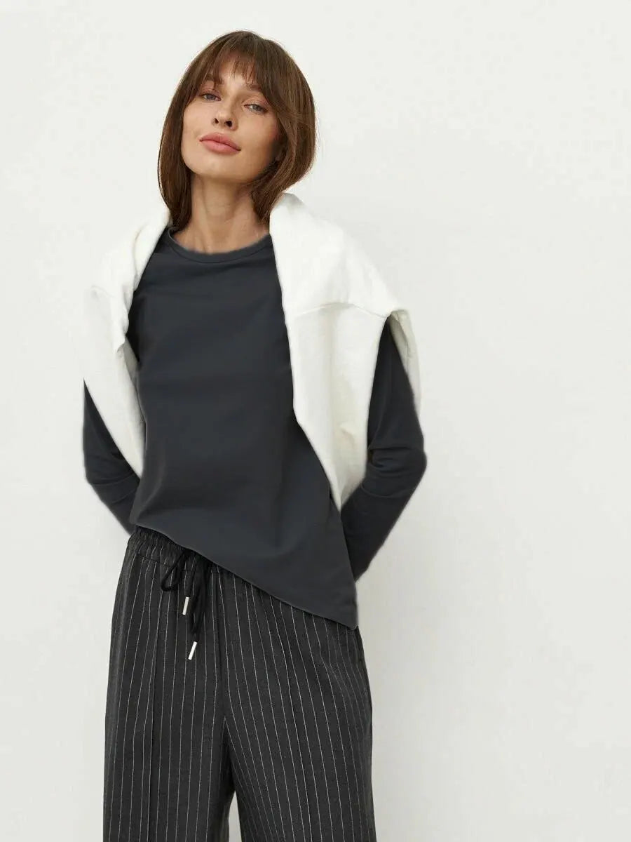 Cotton Loose T Shirt - Women's Casual Tops | Oversized Long Sleeve Basic Solid Shirt - ZOOMNSTORE