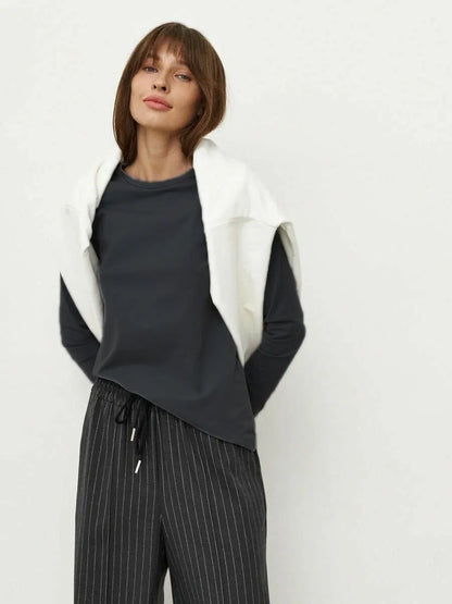 Cotton Loose T Shirt - Women's Casual Tops | Oversized Long Sleeve Basic Solid Shirt - ZOOMNSTORE