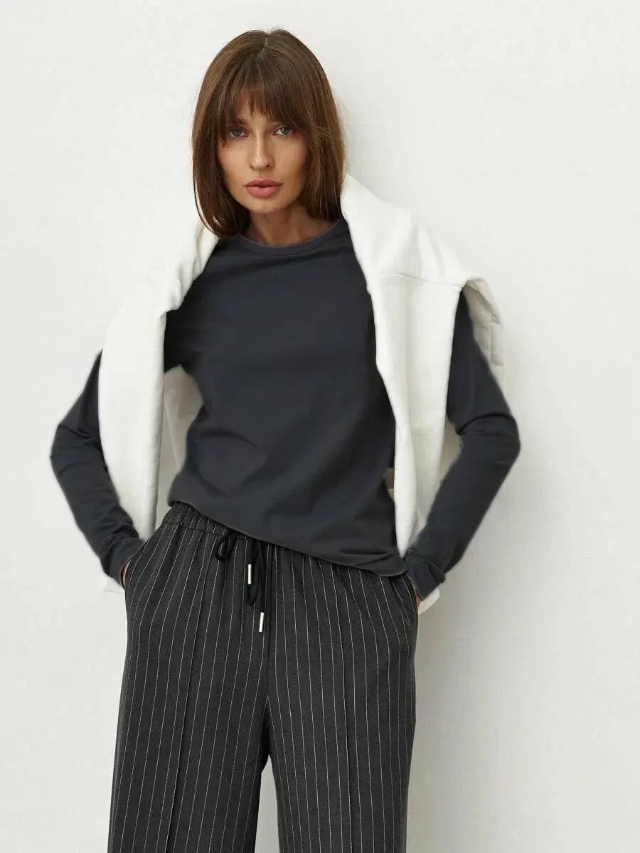 Cotton Loose T Shirt - Women's Casual Tops | Oversized Long Sleeve Basic Solid Shirt - ZOOMNSTORE