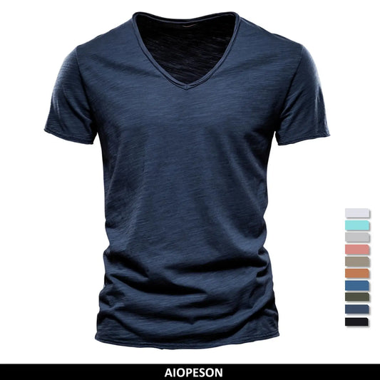 Cotton Men T-Shirt - V-Neck Slim Fit Tee | Breathable Lightweight Summer Top - ZOOMNSTORE