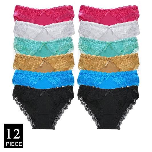 Cotton Panties Women - Low Waist Lace Briefs 12 Pcs Set | Comfortable Cotton Spandex Blend - ZOOMNSTORE