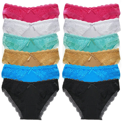 Cotton Panties Women - Low Waist Lace Briefs 12 Pcs Set | Comfortable Cotton Spandex Blend - ZOOMNSTORE