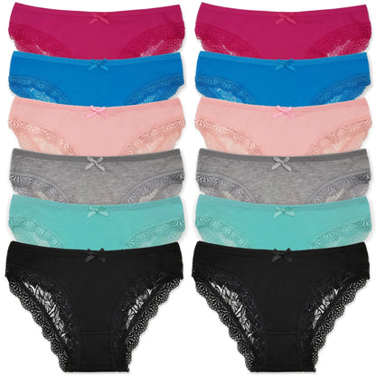 Cotton Panties Women - Low Waist Lace Briefs 12 Pcs Set | Comfortable Cotton Spandex Blend - ZOOMNSTORE