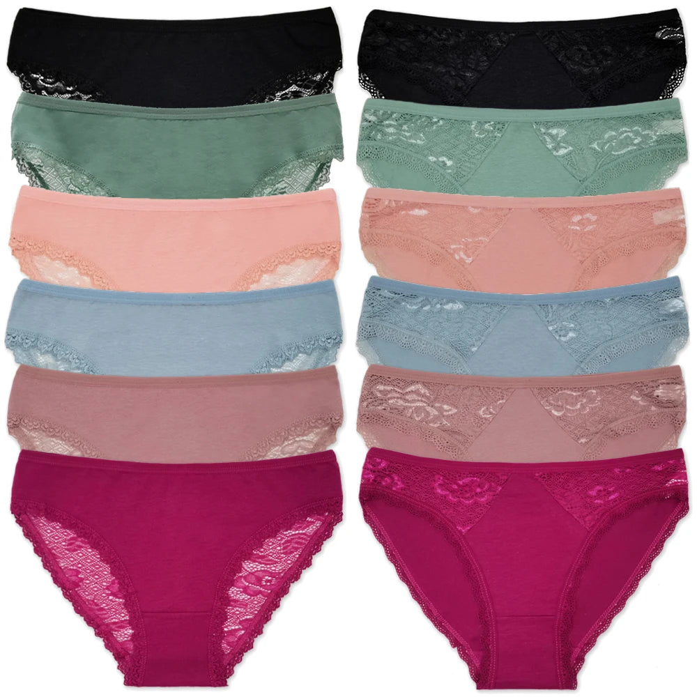Cotton Panties Women - Low Waist Lace Briefs 12 Pcs Set | Comfortable Cotton Spandex Blend - ZOOMNSTORE
