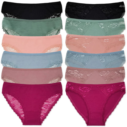 Cotton Panties Women - Low Waist Lace Briefs 12 Pcs Set | Comfortable Cotton Spandex Blend - ZOOMNSTORE