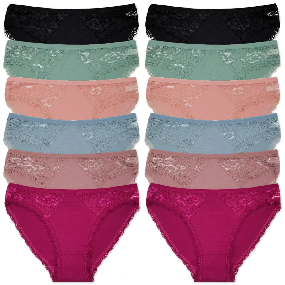 Cotton Panties Women - Low Waist Lace Briefs 12 Pcs Set | Comfortable Cotton Spandex Blend - ZOOMNSTORE