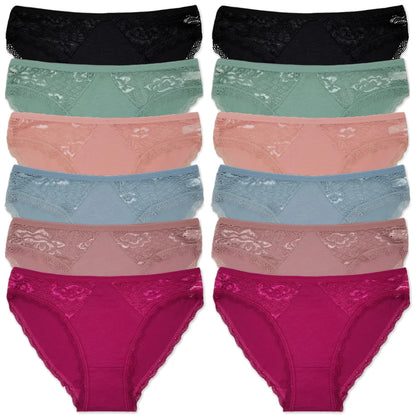 Cotton Panties Women - Low Waist Lace Briefs 12 Pcs Set | Comfortable Cotton Spandex Blend - ZOOMNSTORE