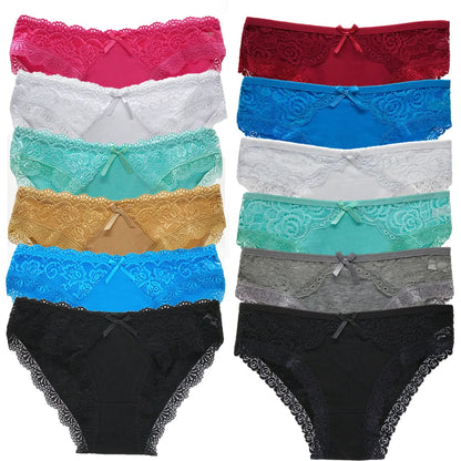 Cotton Panties Women - Low Waist Lace Briefs 12 Pcs Set | Comfortable Cotton Spandex Blend - ZOOMNSTORE