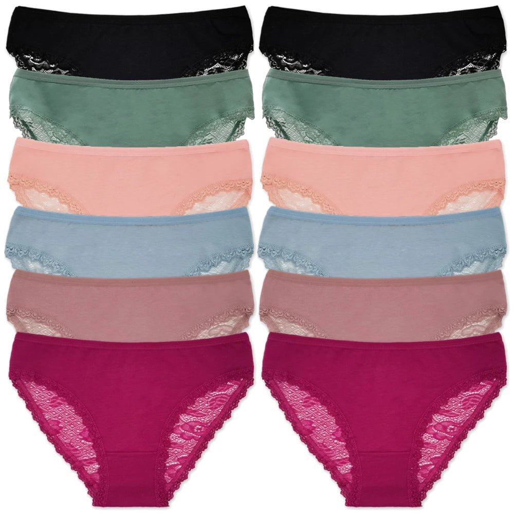 Cotton Panties Women - Low Waist Lace Briefs 12 Pcs Set | Comfortable Cotton Spandex Blend - ZOOMNSTORE
