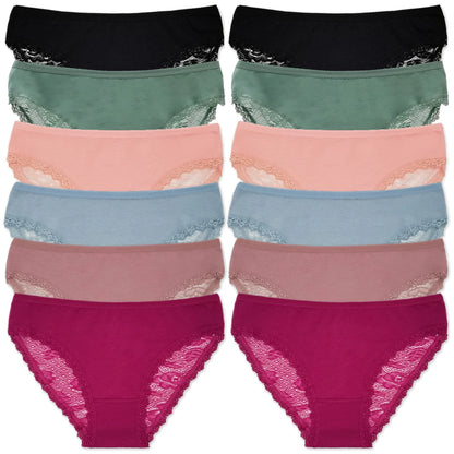 Cotton Panties Women - Low Waist Lace Briefs 12 Pcs Set | Comfortable Cotton Spandex Blend - ZOOMNSTORE