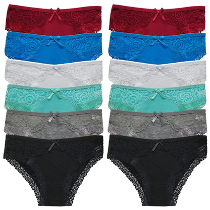 Cotton Panties Women - Low Waist Lace Briefs 12 Pcs Set | Comfortable Cotton Spandex Blend - ZOOMNSTORE