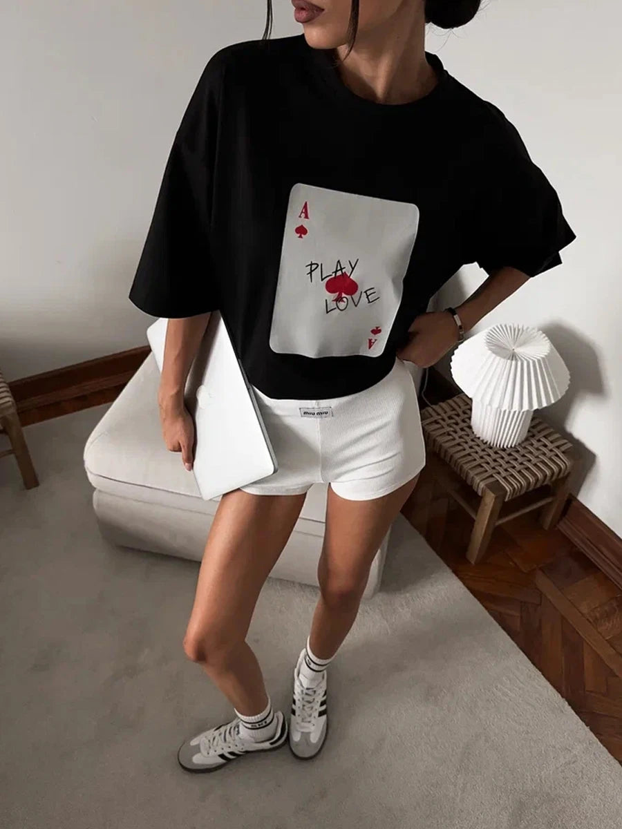 Bornladies Womens Cotton Poker Card T-Shirt - Casual O-Neck Short Sleeve Top - ZOOMNSTORE