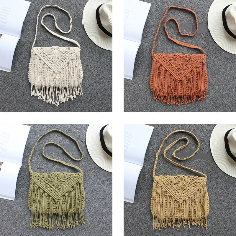 Handmade Cotton Crossbody Bag - Vintage Tassel Shoulder Messenger for Women Summer Beach Handbag 2023 - ZOOMNSTORE