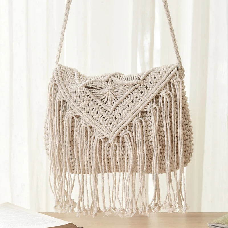 Handmade Cotton Crossbody Bag - Vintage Tassel Shoulder Messenger for Women Summer Beach Handbag 2023 - ZOOMNSTORE