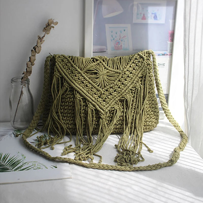 Handmade Cotton Crossbody Bag - Vintage Tassel Shoulder Messenger for Women Summer Beach Handbag 2023 - ZOOMNSTORE