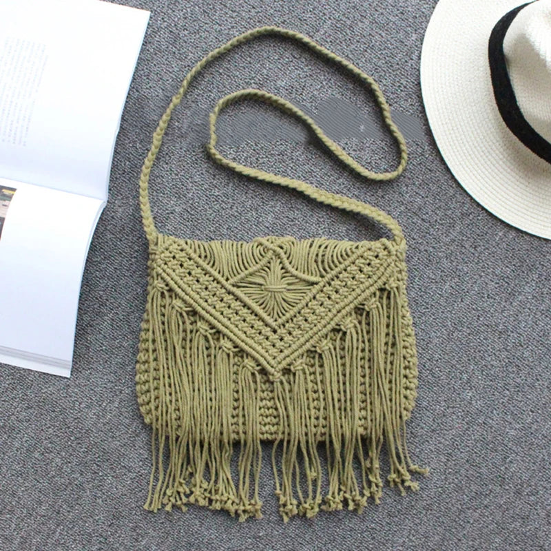 Handmade Cotton Crossbody Bag - Vintage Tassel Shoulder Messenger for Women Summer Beach Handbag 2023 - ZOOMNSTORE
