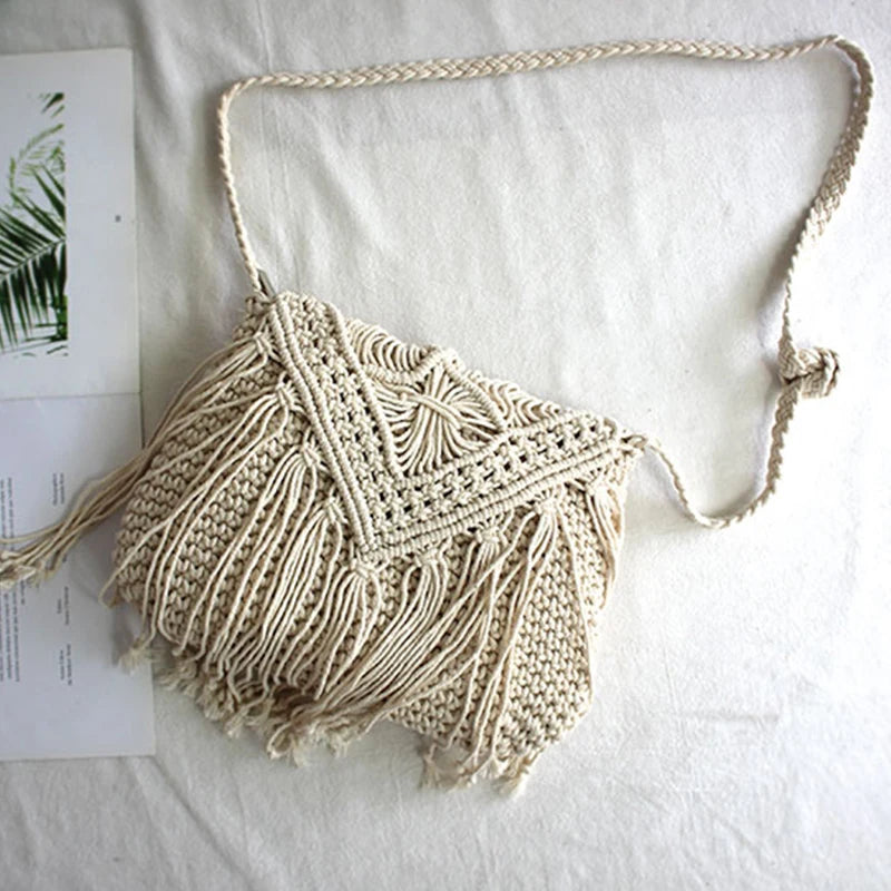 Handmade Cotton Crossbody Bag - Vintage Tassel Shoulder Messenger for Women Summer Beach Handbag 2023 - ZOOMNSTORE