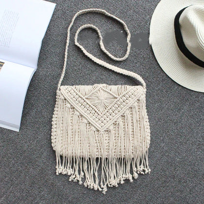 Handmade Cotton Crossbody Bag - Vintage Tassel Shoulder Messenger for Women Summer Beach Handbag 2023 - ZOOMNSTORE