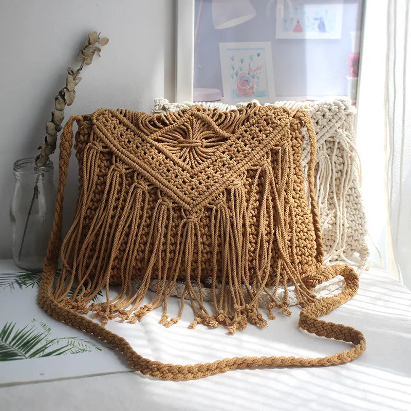 Handmade Cotton Crossbody Bag - Vintage Tassel Shoulder Messenger for Women Summer Beach Handbag 2023 - ZOOMNSTORE