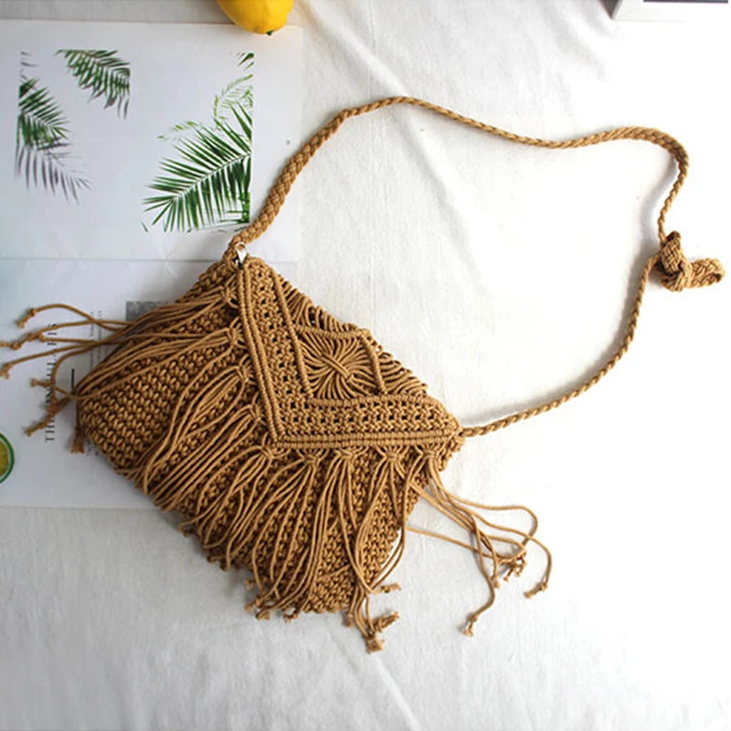 Handmade Cotton Crossbody Bag - Vintage Tassel Shoulder Messenger for Women Summer Beach Handbag 2023 - ZOOMNSTORE