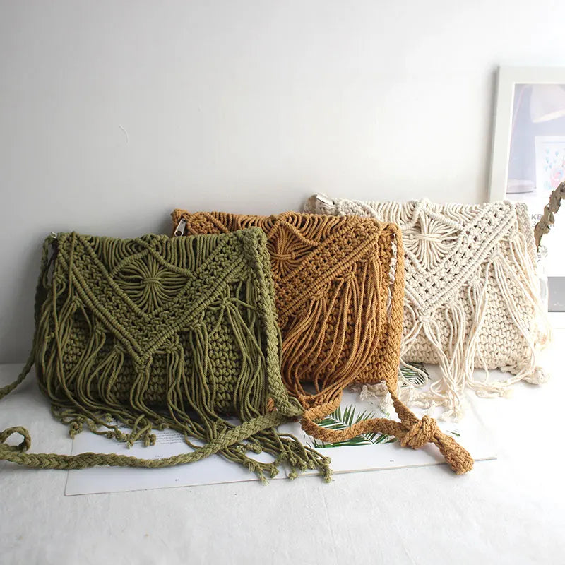 Handmade Cotton Crossbody Bag - Vintage Tassel Shoulder Messenger for Women Summer Beach Handbag 2023 - ZOOMNSTORE