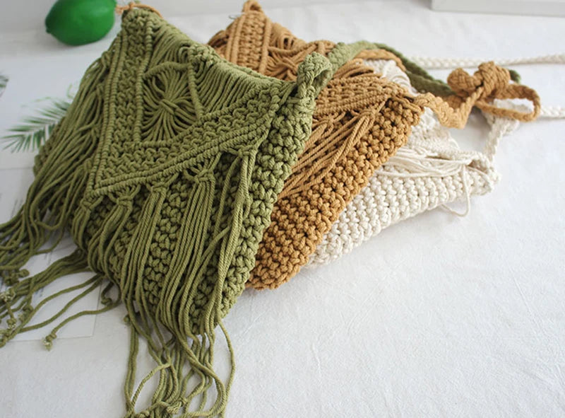 Handmade Cotton Crossbody Bag - Vintage Tassel Shoulder Messenger for Women Summer Beach Handbag 2023 - ZOOMNSTORE