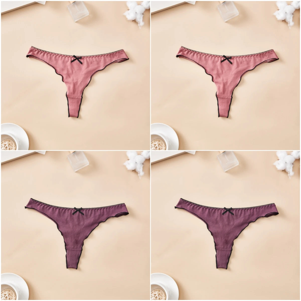 Cotton Thong Underwear - 4pcs Womens Comfortable Breathable Low-Waist T-Back with Bow - ZOOMNSTORE