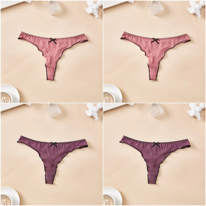 Cotton Thong Underwear - 4pcs Womens Comfortable Breathable Low-Waist T-Back with Bow - ZOOMNSTORE
