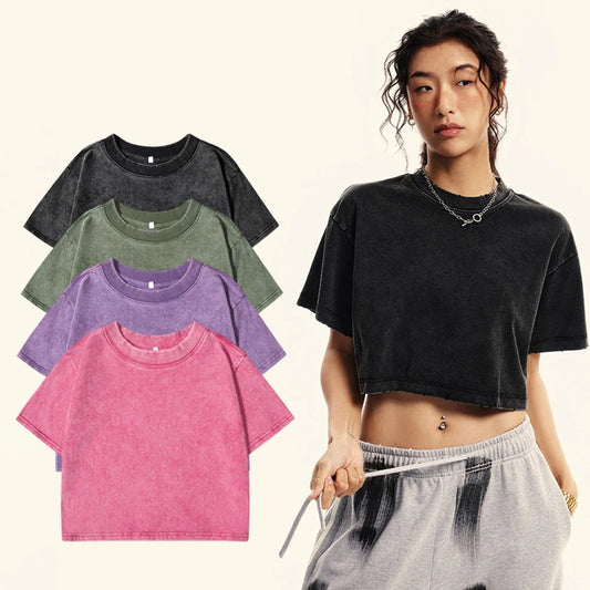Cotton Loose O-Neck Crop Top - Vintage Y2K Summer T-Shirt for Women - ZOOMNSTORE