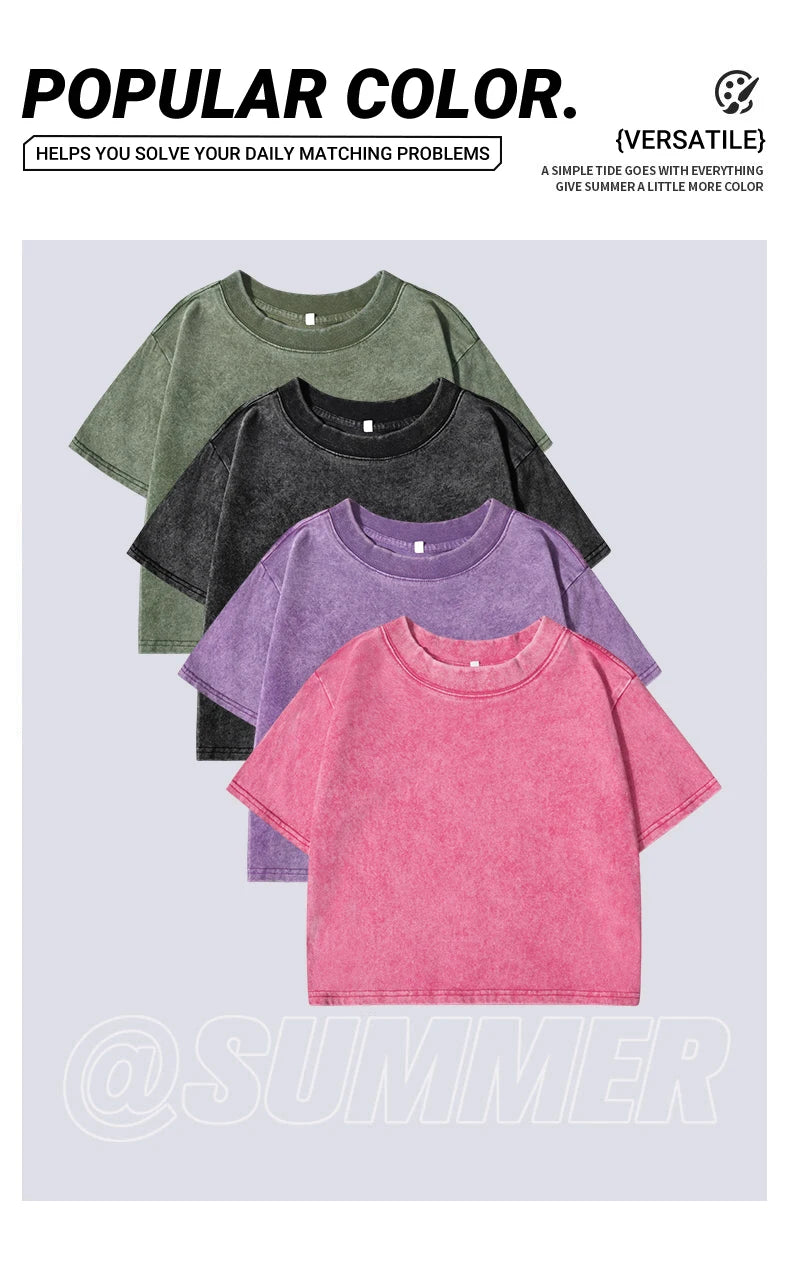 Cotton Loose O-Neck Crop Top - Vintage Y2K Summer T-Shirt for Women - ZOOMNSTORE