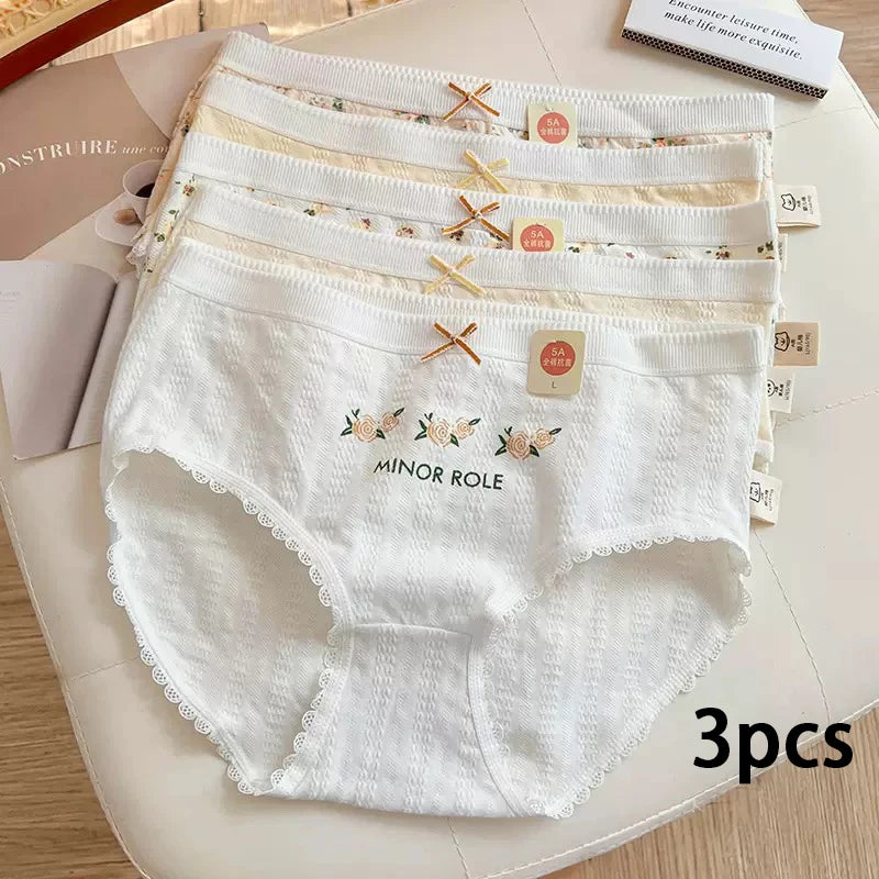 Cotton Women Panties - 3pcs Breathable Mid Waist Underwear With Flower Print - ZOOMNSTORE