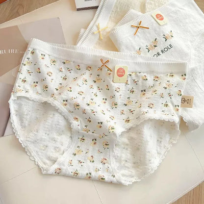 Cotton Women Panties - 3pcs Breathable Mid Waist Underwear With Flower Print - ZOOMNSTORE