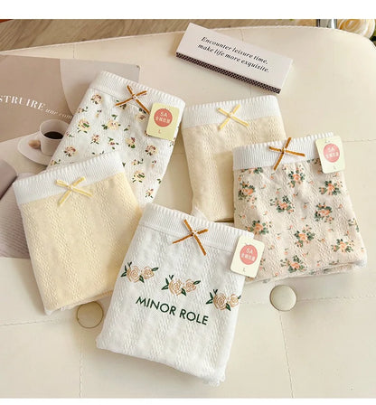 Cotton Women Panties - 3pcs Breathable Mid Waist Underwear With Flower Print - ZOOMNSTORE