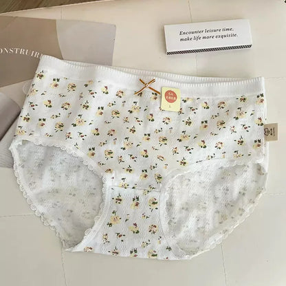 Cotton Women Panties - 3pcs Breathable Mid Waist Underwear With Flower Print - ZOOMNSTORE