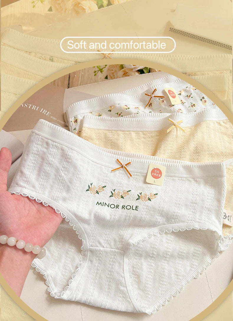 Cotton Women Panties - 3pcs Breathable Mid Waist Underwear With Flower Print - ZOOMNSTORE