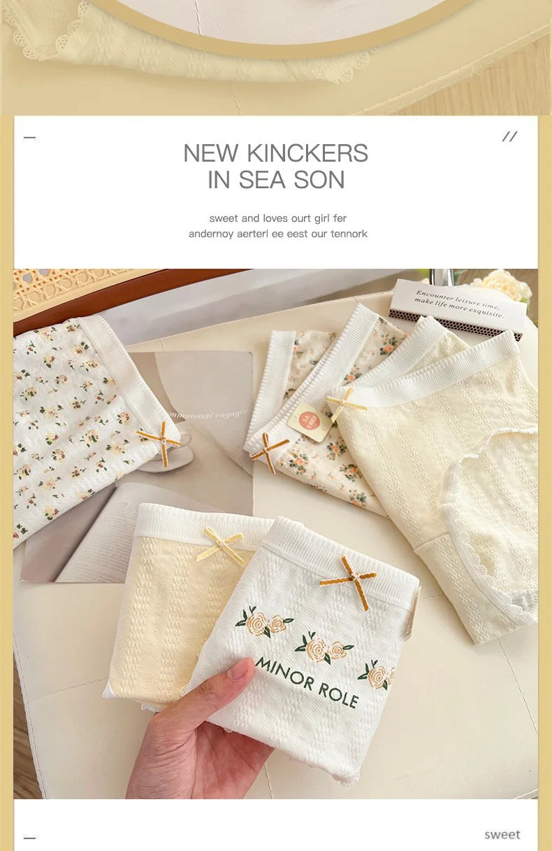 Cotton Women Panties - 3pcs Breathable Mid Waist Underwear With Flower Print - ZOOMNSTORE