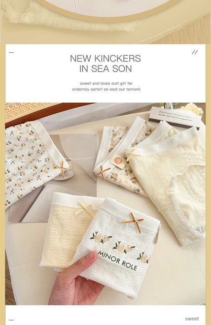 Cotton Women Panties - 3pcs Breathable Mid Waist Underwear With Flower Print - ZOOMNSTORE