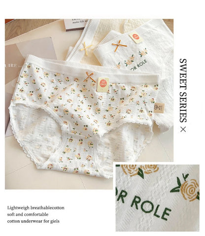 Cotton Women Panties - 3pcs Breathable Mid Waist Underwear With Flower Print - ZOOMNSTORE