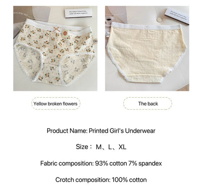 Cotton Women Panties - 3pcs Breathable Mid Waist Underwear With Flower Print - ZOOMNSTORE
