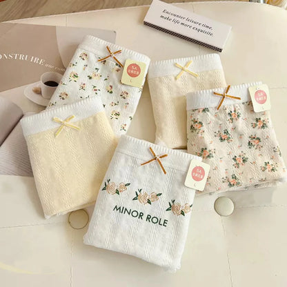 Cotton Women Panties - 3pcs Breathable Mid Waist Underwear With Flower Print - ZOOMNSTORE